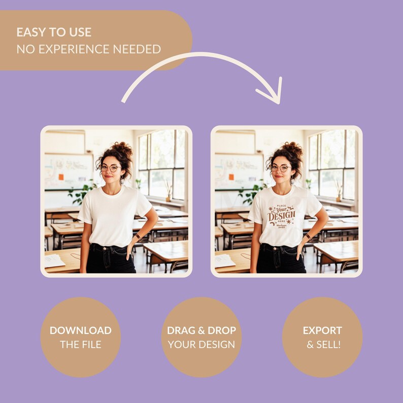 May include: A mockup of a white t-shirt with the text "Place Your Design Here" in a brown font. The t-shirt is being worn by a person in a classroom setting.
