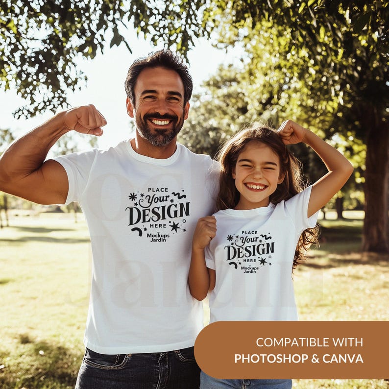 May include: A father and daughter wearing white t-shirts with a black design that says "Place Your Design Here" and "Mockups Jardin".