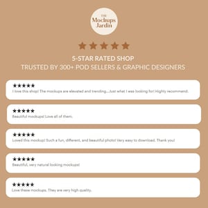 May include: Five-star reviews for a shop called "The Mockups Jardin" with the text "TRUSTED BY 300+ POD SELLERS & GRAPHIC DESIGNERS" and five customer reviews.