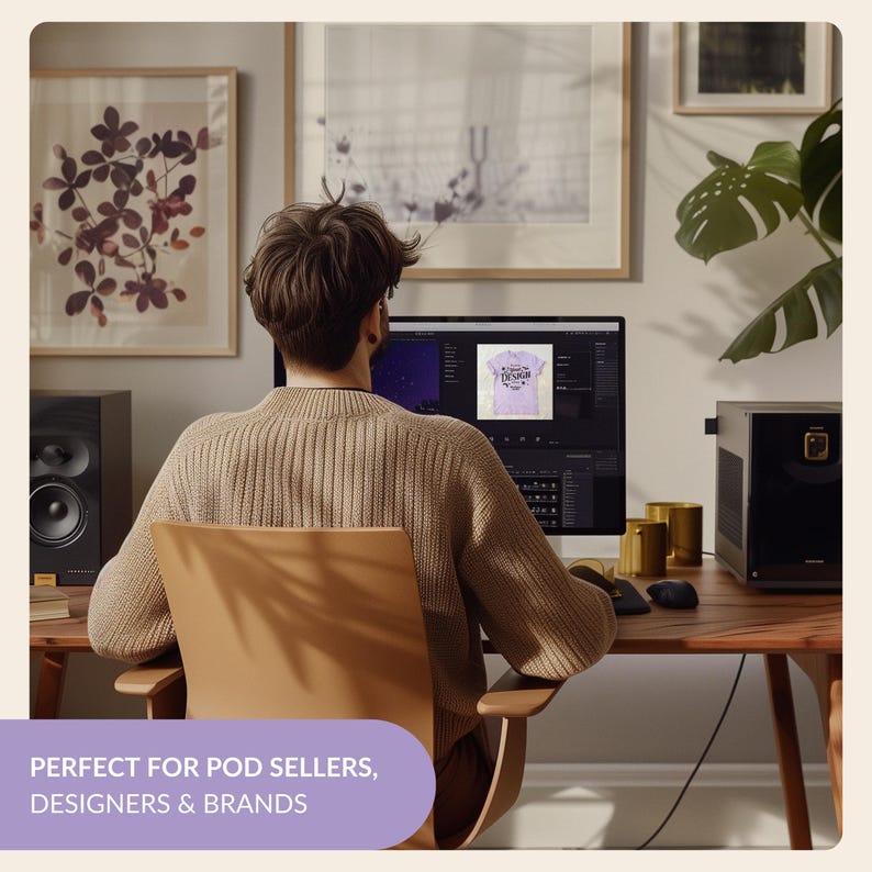 May include: A person wearing a beige knit sweater sits at a wooden desk facing a computer monitor. The screen displays design software with a graphic of a t-shirt featuring the text "Your Design". A speaker and computer tower are on the desk.
