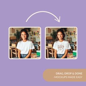 May include: A white t-shirt mockup with the text "Place Your Design Here" in brown text on the front of the shirt. The shirt is being worn by a person in a classroom setting.