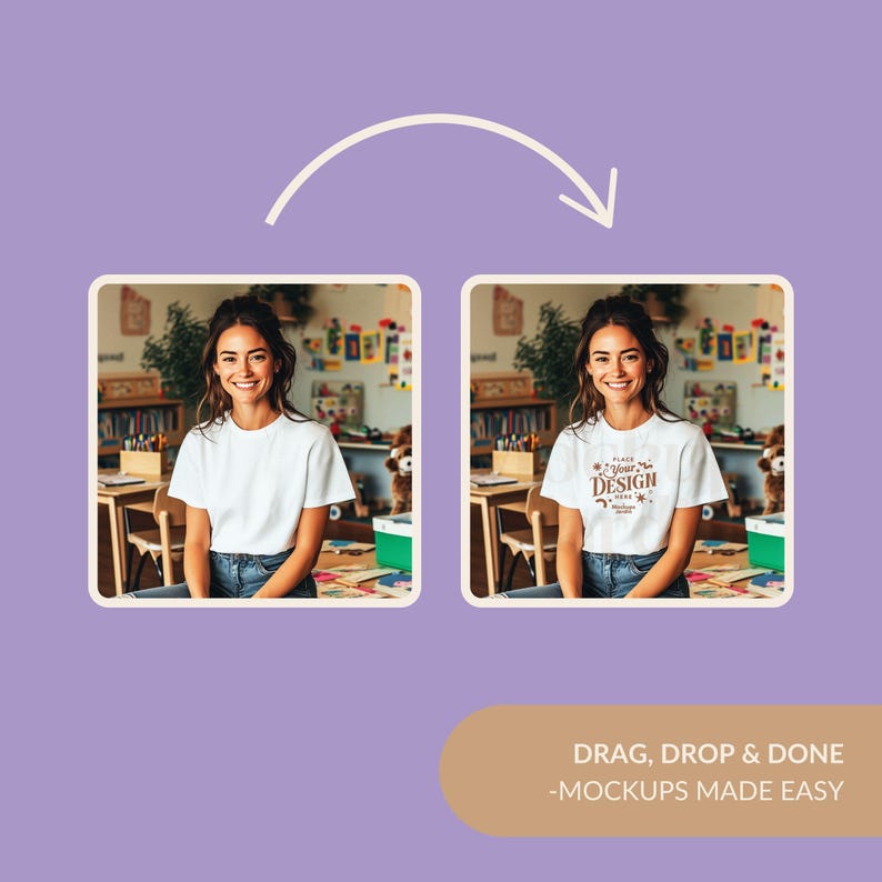 May include: A white t-shirt mockup with the text "Place Your Design Here" in brown text on the front of the shirt. The shirt is being worn by a person in a classroom setting.
