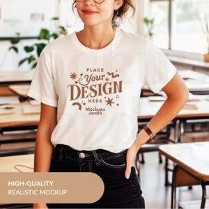 May include: White t-shirt mockup with the text "Place Your Design Here" and the words "Mockups Jardin" in brown lettering.