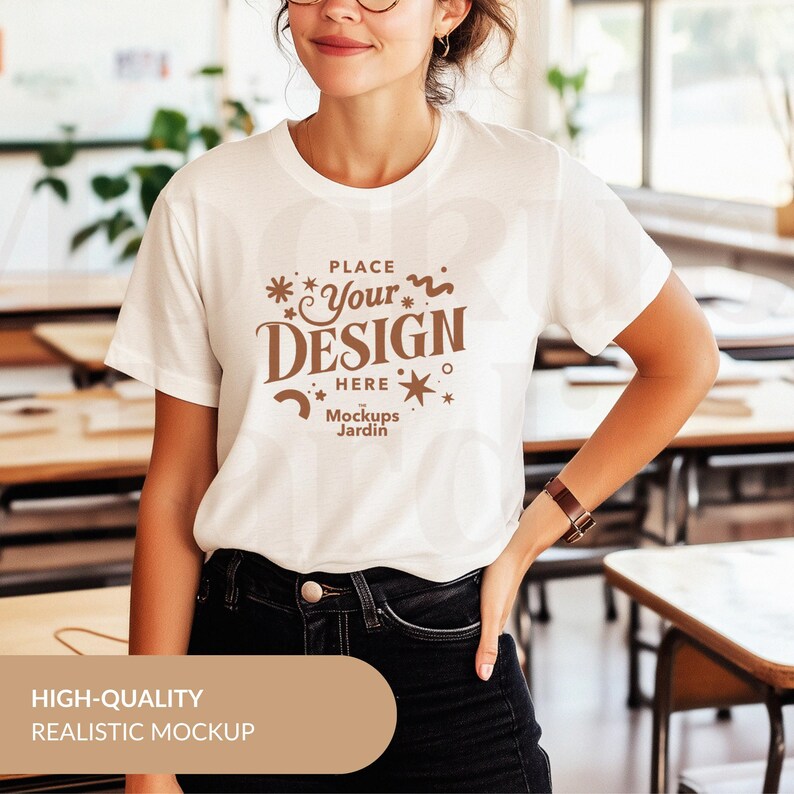 May include: White t-shirt mockup with the text "Place Your Design Here" and the words "Mockups Jardin" in brown lettering.