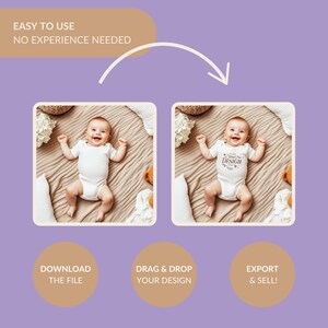 May include: A mockup of a white baby onesie with the text "Add Your Design" on it. The onesie is on a light brown blanket with a teddy bear and other decorative items. The image shows how to customize a onesie with a design.