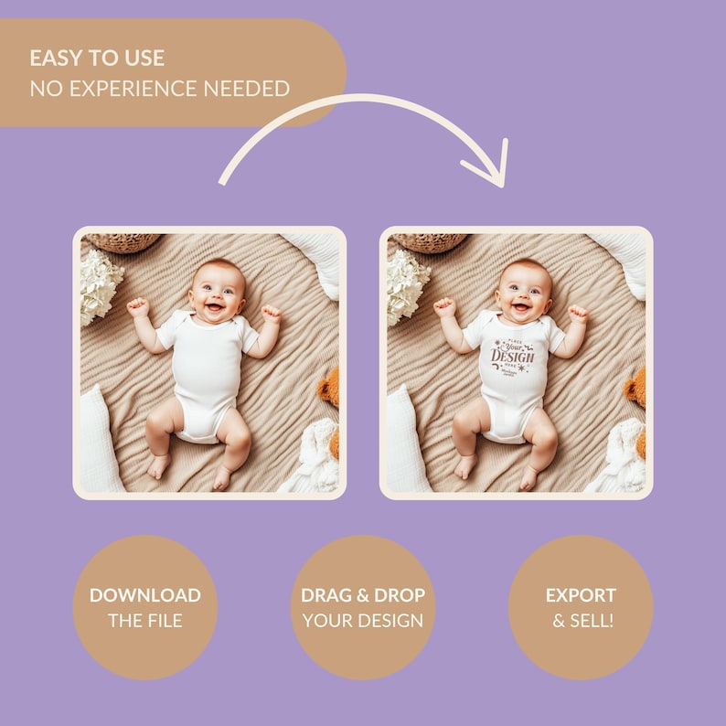 May include: A mockup of a white baby onesie with the text "Add Your Design" on it. The onesie is on a light brown blanket with a teddy bear and other decorative items. The image shows how to customize a onesie with a design.