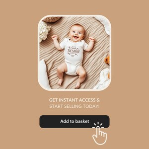 May include: A white baby onesie with the text "Place Your Design Here" in brown. The onesie is on a light brown blanket with a baby lying on top of it.