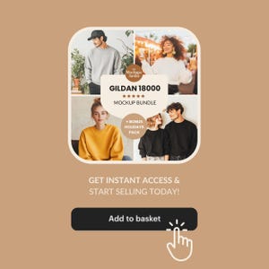 Puede incluir: Anuncio de un paquete de maquetas con el texto "GILDAN 18000 MOCKUP BUNDLE" y una calificaci&oacute;n de cinco estrellas. La imagen muestra a personas con sudaderas de varios colores. El bot&oacute;n de llamada a la acci&oacute;n dice "Add to basket."