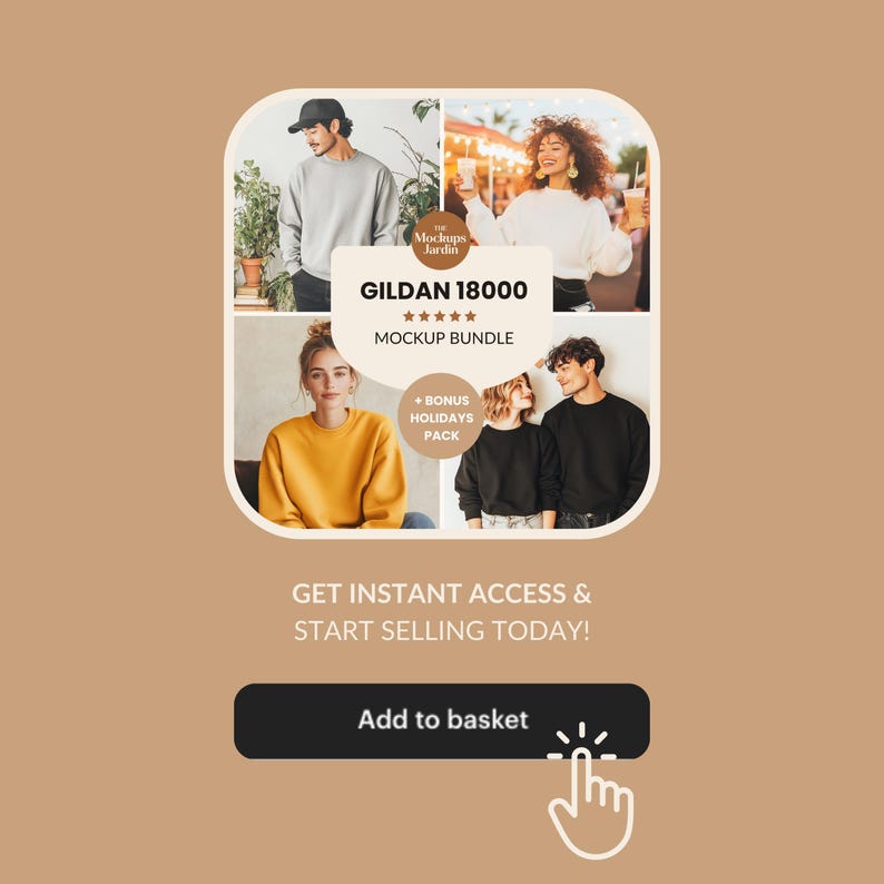 Puede incluir: Anuncio de un paquete de maquetas con el texto "GILDAN 18000 MOCKUP BUNDLE" y una calificaci&oacute;n de cinco estrellas. La imagen muestra a personas con sudaderas de varios colores. El bot&oacute;n de llamada a la acci&oacute;n dice "Add to basket."