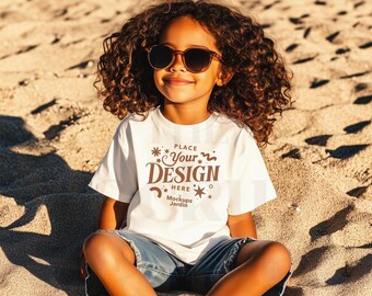 Bella Canvas 3001Y White Kids T-Shirt Mockup | Beach Scene (JPG)