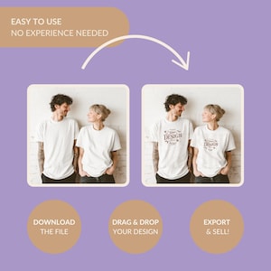 May include: Two people wearing white t-shirts with the text "Place Your Design Here" on the front. The image shows a mockup for a t-shirt design service.