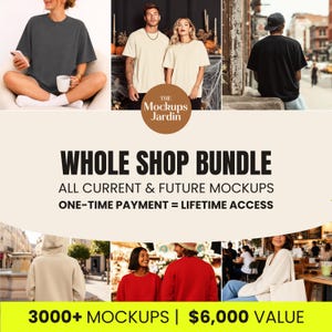 Könnte beinhalten: Eine digitale Marketinggrafik für das The Mockups Jardin Whole Shop Bundle mit verschiedenen T-Shirts, Hoodies und Sweatshirts in Anthrazit, Creme, Schwarz, Rot und Beige sowie Text, der den lebenslangen Zugriff auf alle Mockups angibt.