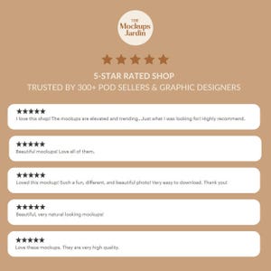 May include: Five-star reviews for a shop called "The Mockups Jardin" with the text "5-Star Rated Shop Trusted by 300+ POD Sellers & Graphic Designers". The reviews are positive and highlight the quality and ease of use of the mockups.