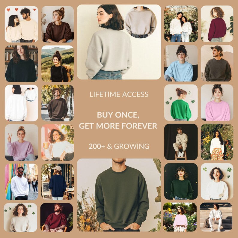 Puede incluir: Un collage de personas que visten sudaderas de varios colores. Las sudaderas son en tonos de blanco, negro, marr&oacute;n, azul, verde y rosa. El texto de la imagen dice: "LIFETIME ACCESS, BUY ONCE, GET MORE FOREVER, 200+ & GROWING."