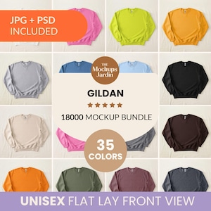 May include: A flat lay product mockup featuring a variety of Gildan crewneck sweatshirts in 12 different colors, including white, pink, yellow, and black. The image includes the text "JPG + PSD INCLUDED" and "UNISEX FLAT LAY FRONT VIEW".