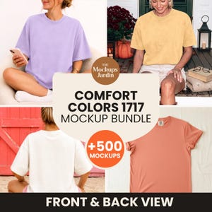 May include: A bundle of Comfort Colors 1717 t-shirts in various colors including light purple, yellow, white, and coral. The images display the front and back views of the short-sleeve shirts, with text overlays reading The Mockups Jardin and +500.