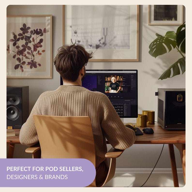 May include: A person sitting in a chair in front of a computer, editing a video on a screen. The computer is on a wooden desk with a speaker, a gold cup, and a black box on it. The person is wearing a brown sweater.