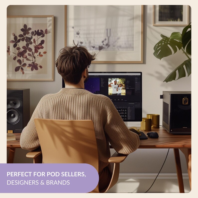 May include: A person sitting in front of a computer screen editing a photo of two people. The computer screen is showing a photo editing software with a photo of two people in the center of the screen. The person is wearing a brown sweater and is sitting in a brown chair. There is a speaker on the left side of the screen and a black box on the right side of the screen.