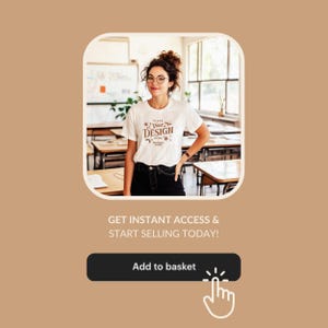 May include: A woman wearing a white t-shirt with the text "Place Your Design Here" in brown text. She is standing in a classroom with desks and chairs.
