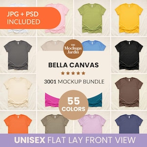 May include: A flat lay product mockup showcasing Bella Canvas t-shirts in diverse colours, such as white, pink, green, and yellow. The image includes text: "JPG + PSD INCLUDED", "BELLA CANVAS", "3001 MOCKUP BUNDLE", "55 COLORS", and "UNISEX FLAT LAY FRONT VIEW".