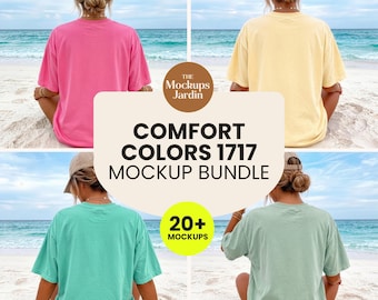 Pacchetto di mockup per t-shirt da spiaggia Comfort Colors 1717 / Pacchetto di mockup per t-shirt estive CC1717 / Pacchetto di mockup estivi con sfondo oceano