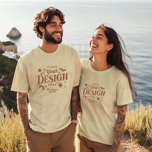 Dust Bella Canvas 3001 T-Shirt Mockup | Couple Lifestyle Mockup | Unisex Boho POD Template | Coastal Vacation Aesthetic Matching Fits Mockup