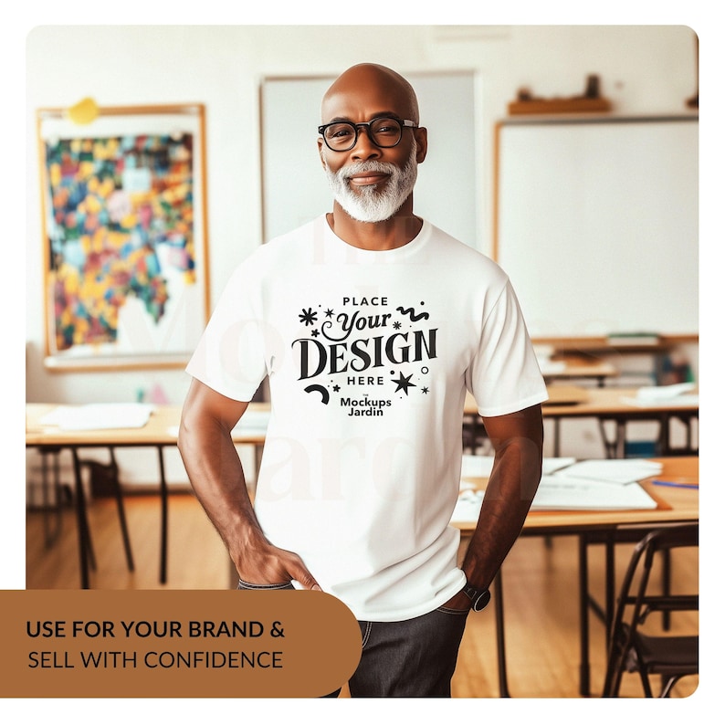 May include: A white t-shirt mockup featuring a man wearing the shirt. The shirt has a black design that says "PLACE *Your DESIGN HERE* Mockups Jardin".
