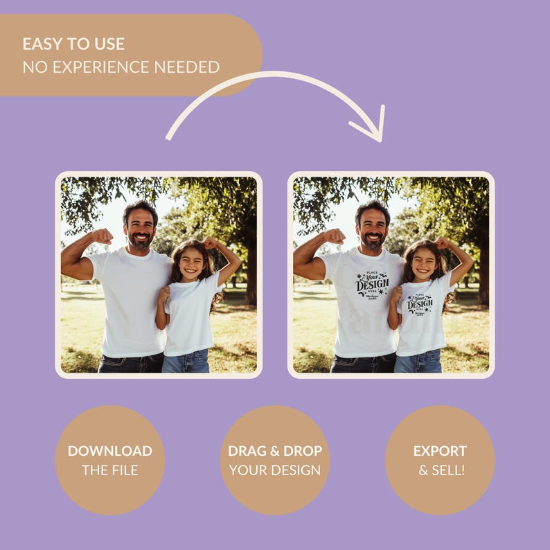 May include: A mockup image showing how to use a design tool to create custom t-shirts. The image shows a father and daughter wearing white t-shirts with the text "Please Don't Make Me Design This" on the front. The text is in a black font. The image is divided into three sections. The first section shows the original image. The second section shows the image with the text added. The third section shows the image with the text exported and ready to be sold.