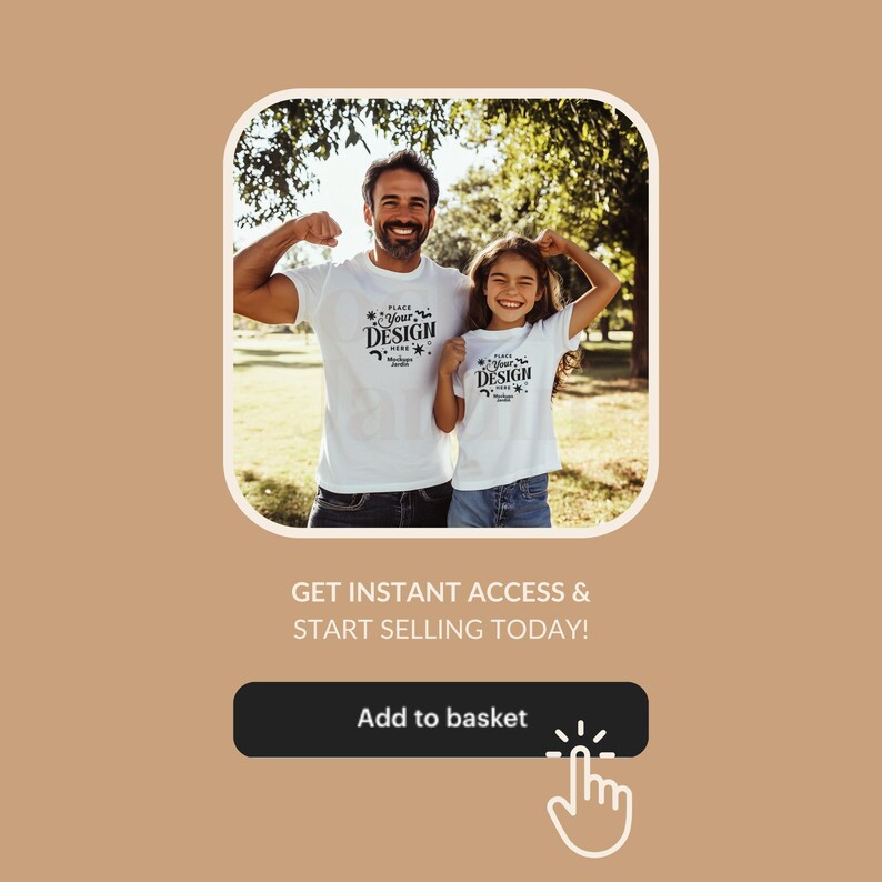 May include: A father and child wearing white t-shirts with the text "Place Your Design Here" in black. The shirts are a mockup for a design template. The father and child are smiling and standing in a park.