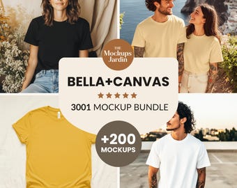 May include: A Bella+Canvas 3001 mockup bundle featuring 200 mockups with back and front views. The image displays various t-shirts in black, cream, mustard yellow, and white, showcased on different individuals in diverse settings.