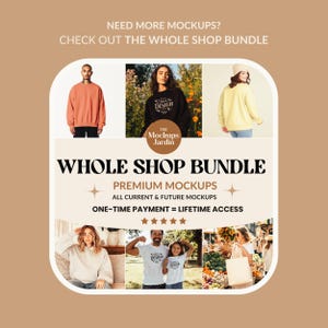 Puede incluir: Imagen promocional para un paquete de tiendas. La imagen presenta un dise&ntilde;o central con el texto "WHOLE SHOP BUNDLE" y "PREMIUM MOCKUPS". Incluye fotos de personas que usan sudaderas y camisetas. Tambi&eacute;n es visible el texto "ONE-TIME PAYMENT = LIFETIME ACCESS".