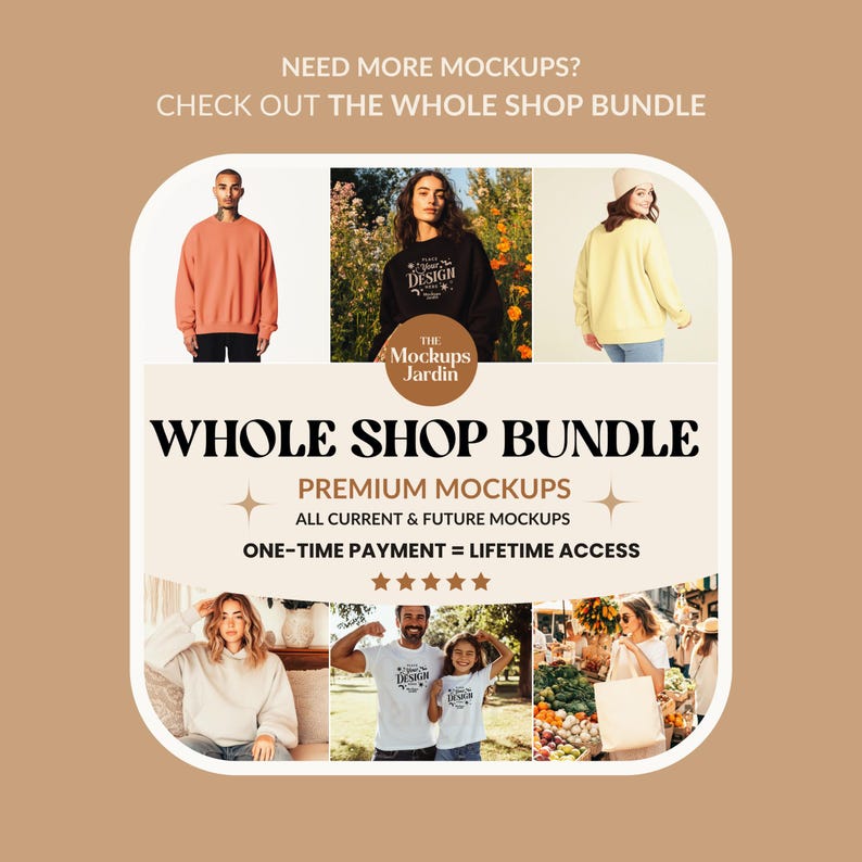 Puede incluir: Imagen promocional para un paquete de tiendas. La imagen presenta un dise&ntilde;o central con el texto "WHOLE SHOP BUNDLE" y "PREMIUM MOCKUPS". Incluye fotos de personas que usan sudaderas y camisetas. Tambi&eacute;n es visible el texto "ONE-TIME PAYMENT = LIFETIME ACCESS".
