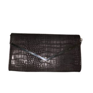 May include: A black crocodile-embossed clutch with a silver metal V-shaped closure.