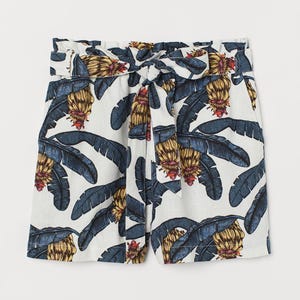 Sac en papier mélangé lin H&M pour femme, short blanc naturel/feuilles de bananier, grappes de bananes, taille d'impression UE 40, neuf