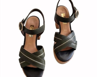 Gabor Women&#39;s Comfortable Crisscross Platform Leather Sandals Cork Olive Green Size UK 6 EU 39 Brand New