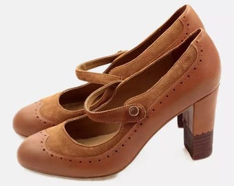 Mint & Berry Leather And Suede High Heels Mary Jane Style Cognac Brown Size 38 Brand New
