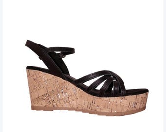 Marco Tozzi Women&#39;s Black Leather Wedge Sandals Cork Size EU 39 Brand New