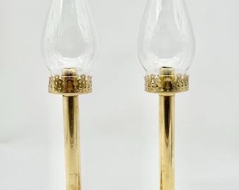Vintage 1960s Brass Spring Loaded Hurricane Candlesticks with Glass Chimneys - Set of 2