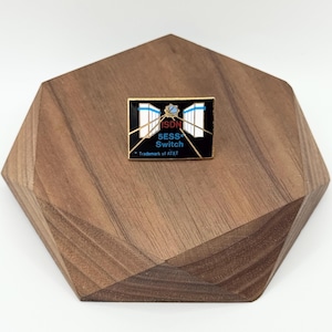 May include: A rectangular black pin with the text "ISDN 5ESS Switch" and the AT&T trademark. The pin has a gold border and a design featuring white and blue elements. It is displayed on a dark brown, geometric wooden stand.