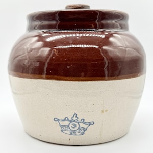 Vintage 1930s Robinson Ransbottom Blue Crown Stoneware Crock Bean Pot with Lid