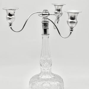 Vintage 1940s Cut Crystal and Silver Candelabra 3-Light Candle Holder, Plaster-Set Art Deco Table Centerpiece, Hollywood Regency