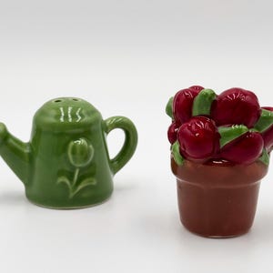 May include: A green ceramic watering can salt shaker with a tulip design next to a red ceramic flower pot pepper shaker. The flower pot is filled with red flowers and green leaves. Both are on a white surface.