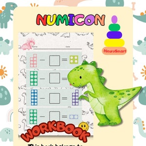 May include: A green dinosaur illustration with a colorful Numicon workbook. The workbook has a dinosaur theme and features subtraction problems with colorful counters. The text on the page reads "Numicon Workbook" and "This book belongs to:".