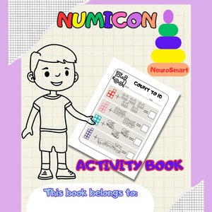 May include: A black and white illustration of a boy holding a worksheet with a train and number blocks. The worksheet has the title "Count to 10" and is part of a Numicon Activity Book. The book has a space for a name and date.