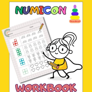 Puede incluir: Una ilustración en blanco y negro de una niña con gafas y una camisa amarilla que sostiene un lápiz. La imagen está en una página blanca con el texto "NUMICON WORKBOOK COUNT AND COLOR" en letras de colores. El texto "NeuroSmart" también es visible en la esquina superior derecha.