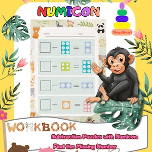 May include: A colorful worksheet with the title "NUMICON WORKBOOK" and the text "Subtraction Puzzles with Numicon: Find the Missing Number". The worksheet features a monkey, a variety of animals, and a series of subtraction problems using Numicon blocks.