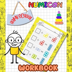 May include: A colorful worksheet with the word "NUMICON" at the top and the words "HOMESCHOOL WORKBOOK" at the bottom. The worksheet has a grid pattern and includes a math problem with the text "Find the missing number and write it in the box".