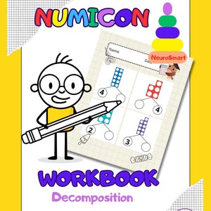 May include: A colorful Numicon workbook for kids to practice number decomposition and counting to 10. The workbook features a cartoon character holding a pencil and several number decomposition exercises with colorful dots.