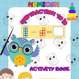 May include: A colorful activity book with a blue and green owl on the cover. The book is titled "Numicon Subtraction to 10 Activity Book". The cover also features a yellow and red number grid, and the text "This book belongs to".