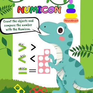 May include: A green dinosaur holding a pink Numicon piece with 6 circles. The image includes the text "NUMICON" and "Count the objects and compare the number with the Numicon." There are also green crocodiles with teeth and other Numicon pieces.